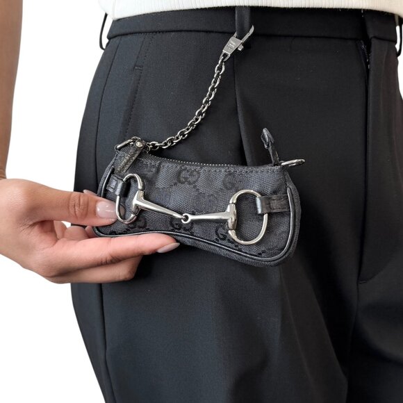 GUCCI Vintage GG Monogram Horsebit Micro Pouch Coin Purse Black Silver [106221] - Picture 3 of 13